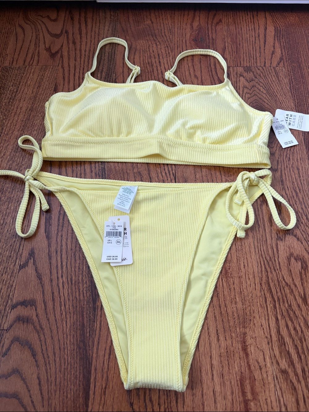 aerie Bikini Yellow Ribbed Tie-Side size Large New